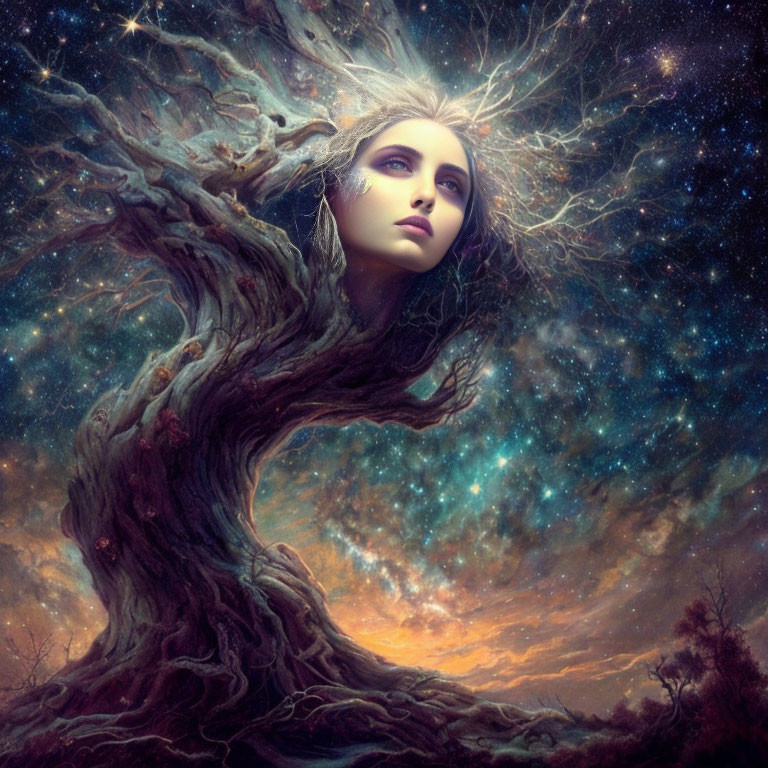 Surreal artwork: Woman's face merges with gnarled tree under starry sky