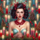 Illustrated woman with berry wreath, red candles, pinecones, and festive lights.