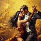 Formal attire couple dances amidst golden swirls in passionate embrace