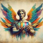 Colorful surreal artwork: Winged figure with classical headpiece holding smartphone on textured background