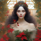 Portrait of woman with dark hair, leafy crown, white dress, surrounded by red flowers in a