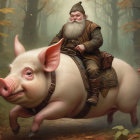 Fantasy character riding pig in misty forest