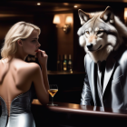 Woman in silver dress with anthropomorphic wolf at bar