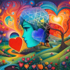 Colorful surreal illustration: Woman's profile with swirling hair merging into heart-filled tree in whimsical landscape