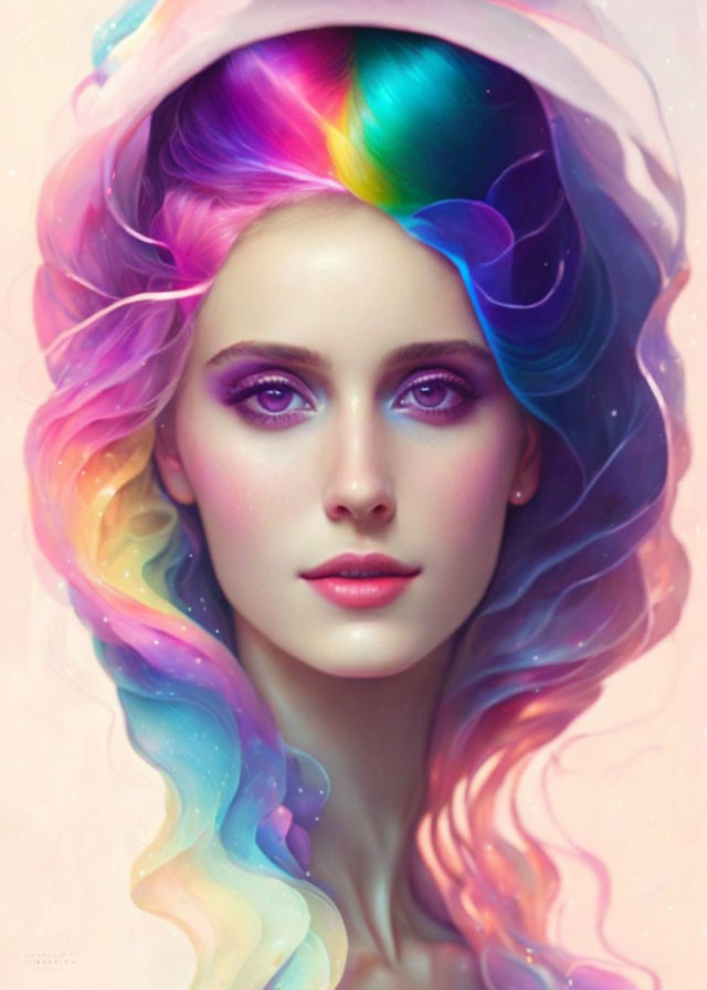 Colorful digital artwork: Woman with rainbow hair in soft pink glow