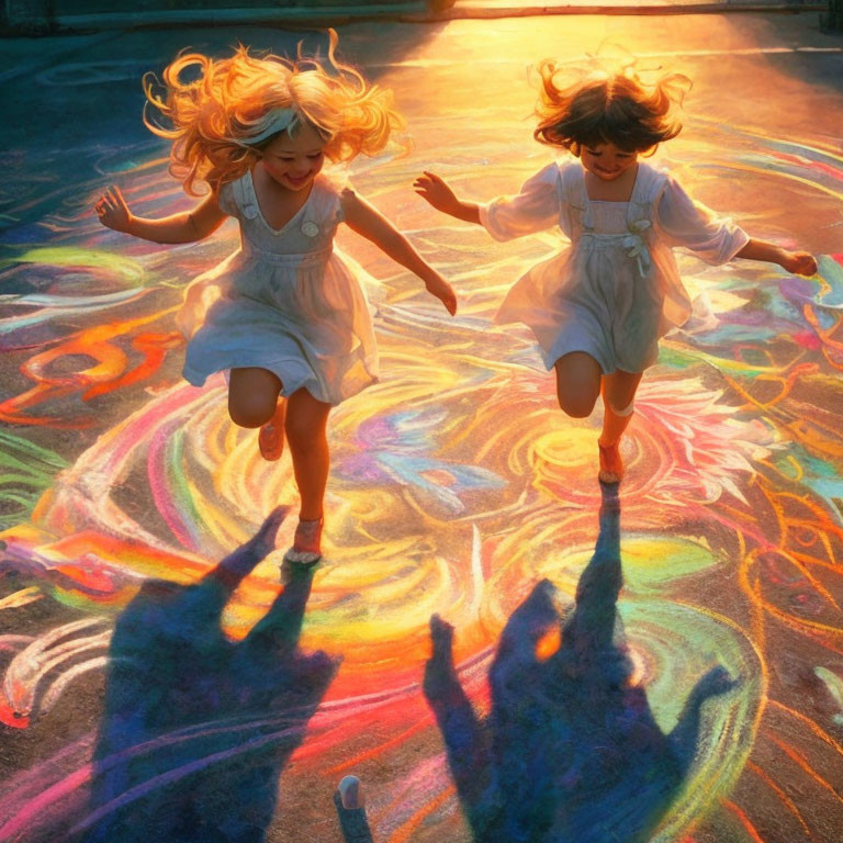 Joyful children skipping over vibrant sidewalk chalk art on sunny day