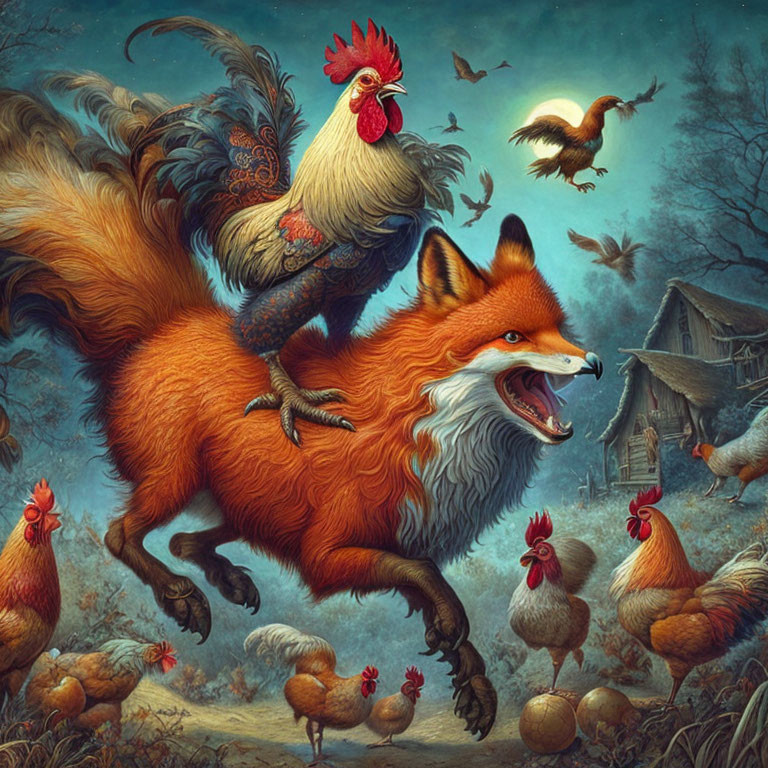 rooster rides on fox