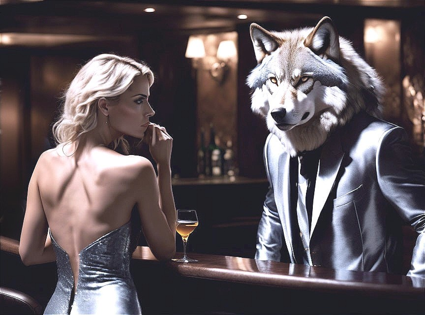 Woman in silver dress with anthropomorphic wolf at bar