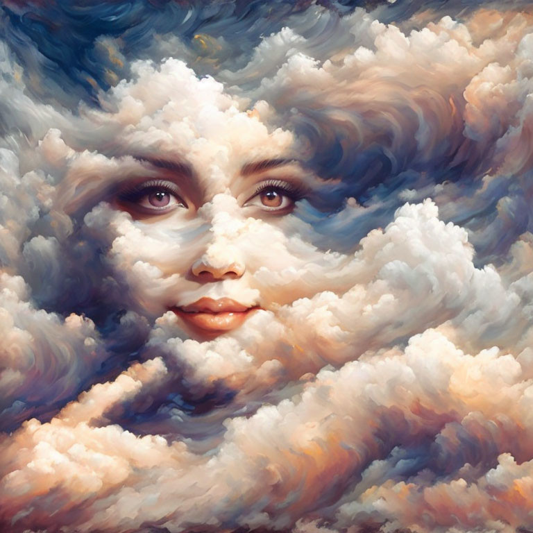 Surreal artwork: Woman's face merging with clouds in a dreamlike scene