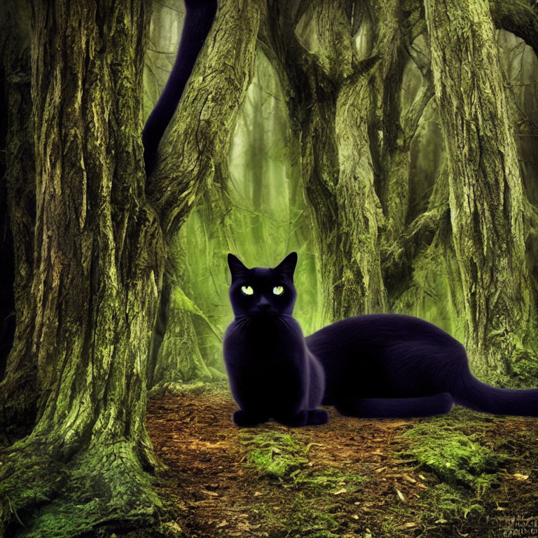 Black Cat with Yellow Eyes in Mystical Green Forest