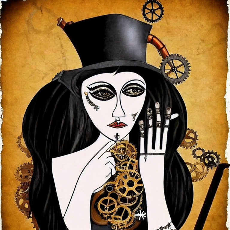 Illustration of woman with long black hair in top hat, surrounded by gears, holding steampunk