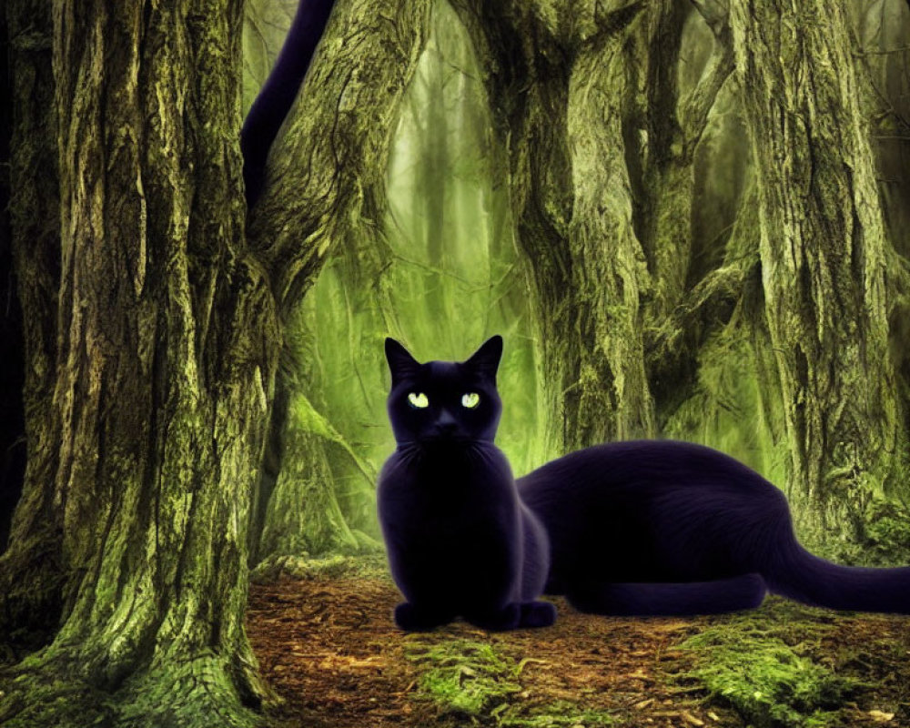 Black Cat with Yellow Eyes in Mystical Green Forest