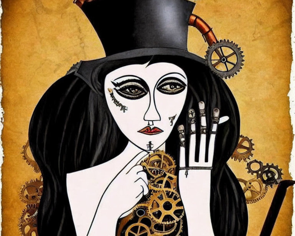 Illustration of woman with long black hair in top hat, surrounded by gears, holding steampunk