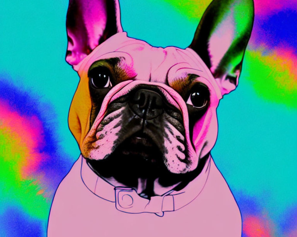 Digitally altered French Bulldog with oversized head and pink collar on psychedelic background