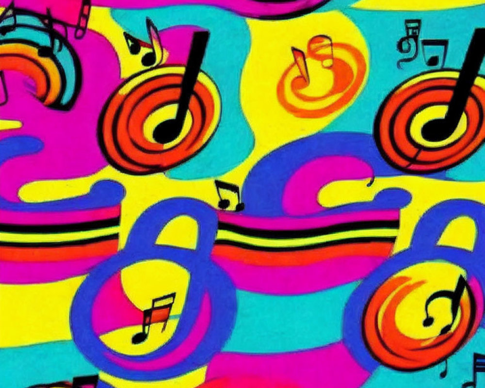 Vibrant abstract background with swirl patterns and musical notes