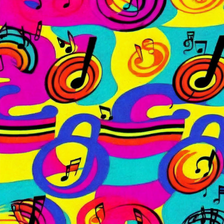 Vibrant abstract background with swirl patterns and musical notes