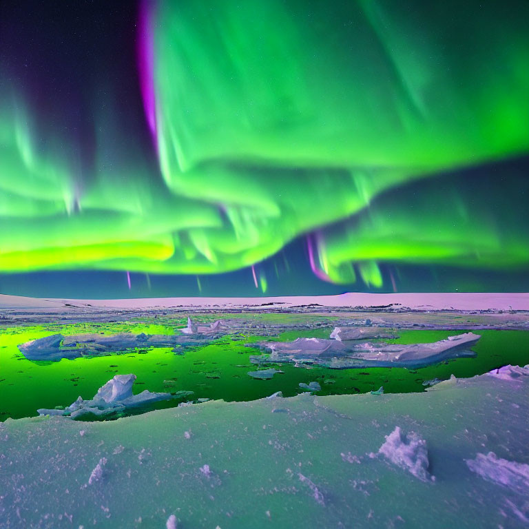 Northern Lights Dance Over Icy Landscape