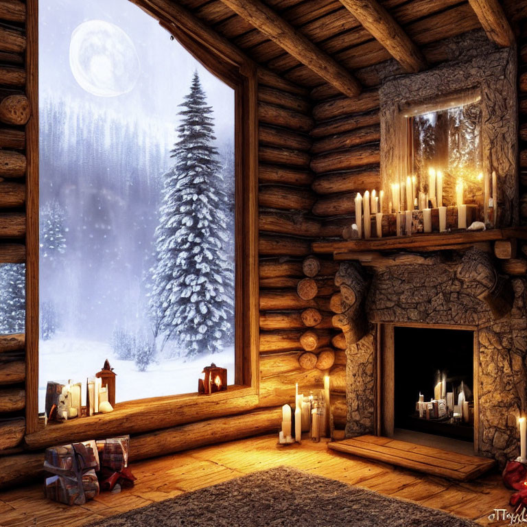 Rustic log cabin interior with fireplace, candles, snowy landscape, and full moon view