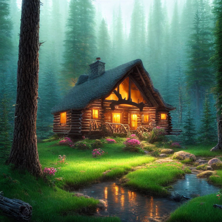 Cozy log cabin in misty forest with stream and pink flowers