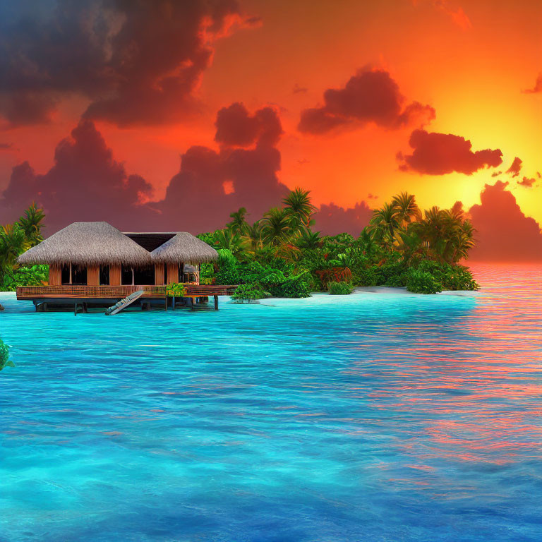 Tropical island overwater bungalows at sunset