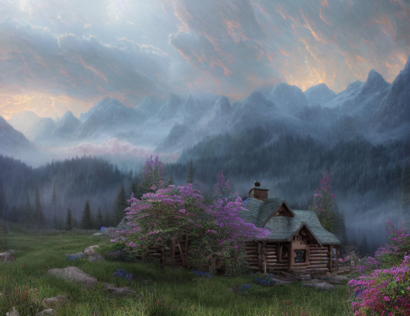 Tranquil landscape with wooden cabin, purple flowers, misty mountains, dramatic sky