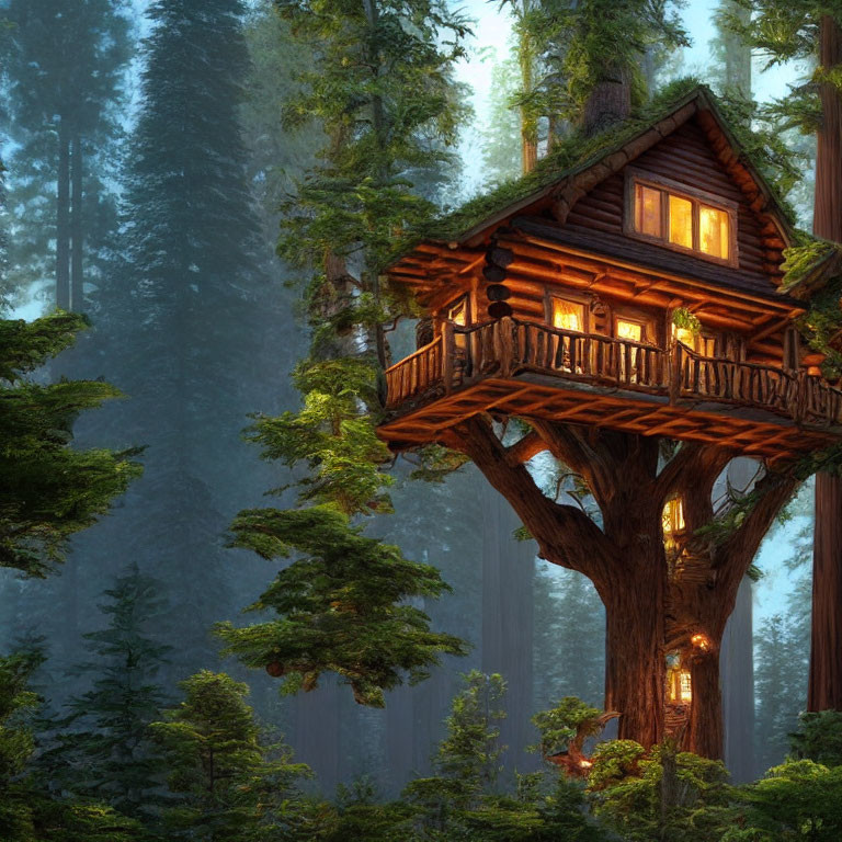 Cozy treehouse with lit windows in misty forest