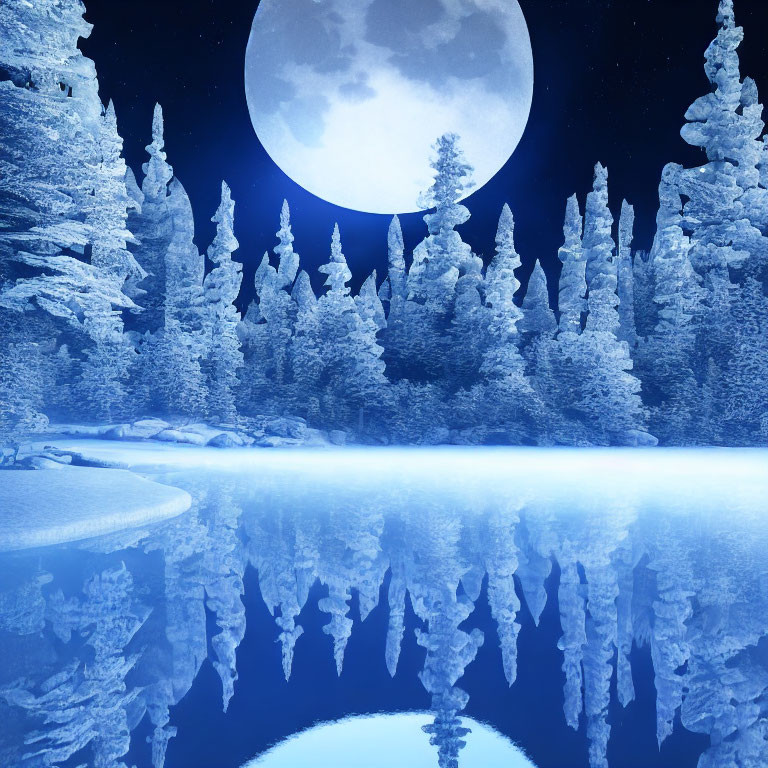 Snow-covered trees, full moon, calm lake: serene nighttime scene.