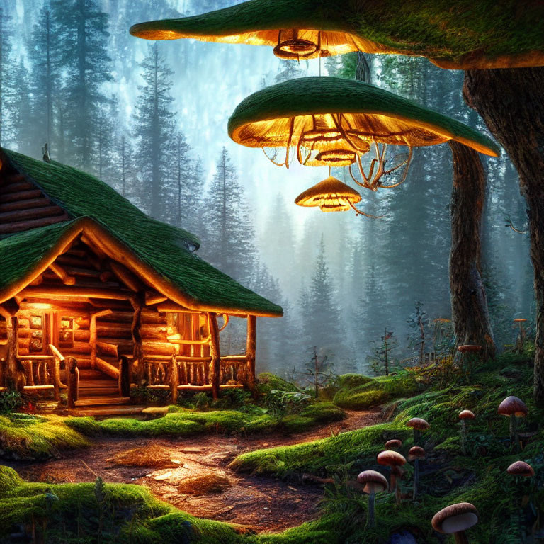 Enchanting forest dusk scene with cozy cabin, glowing mushrooms, and mushroom-shaped hot air balloon.