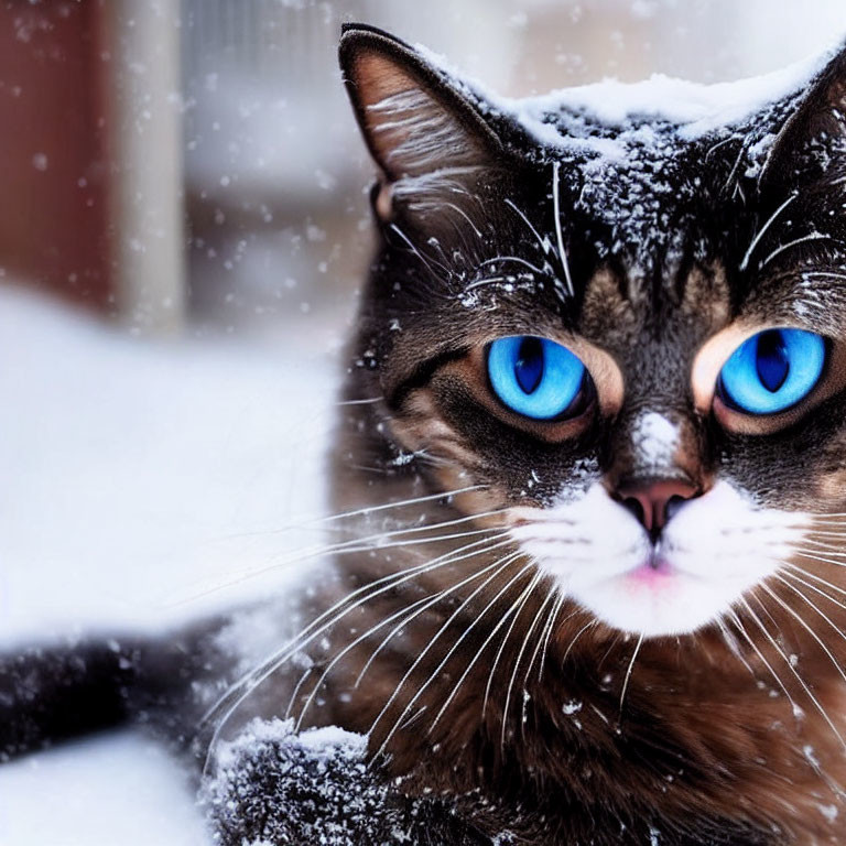 Brown Tabby Cat with Blue Eyes and Snowflakes in Snowy Scene