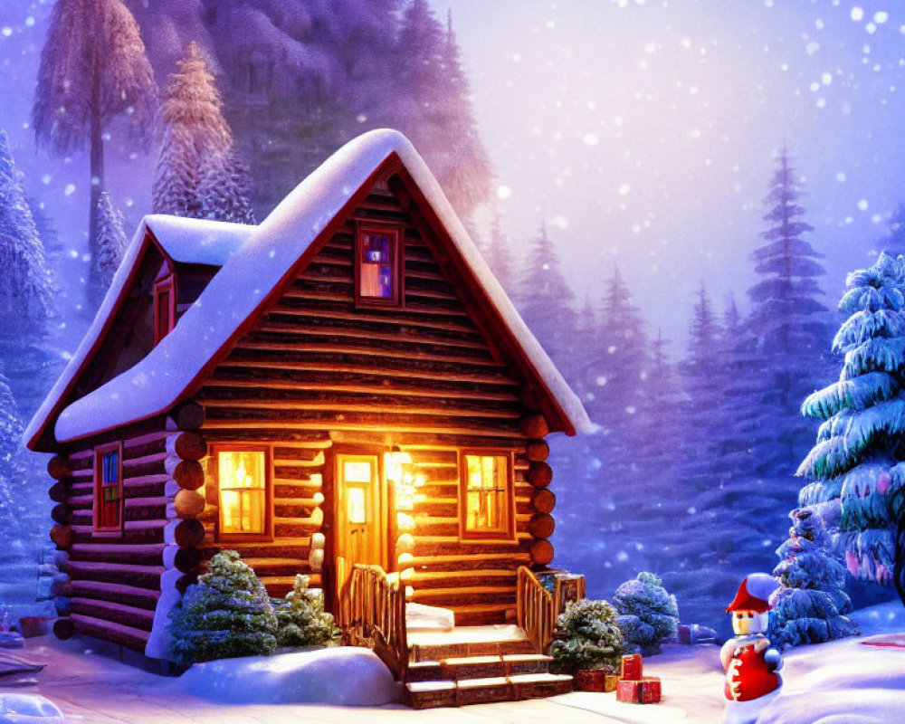 Snow-covered log cabin with glowing windows in twilight setting, snowman and gift by steps