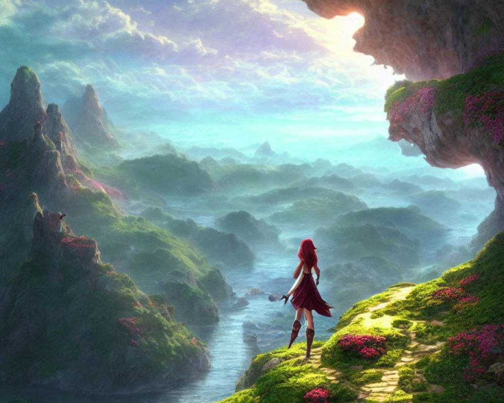 Red-haired girl on cliff path gazes at mystical valley under colorful sky