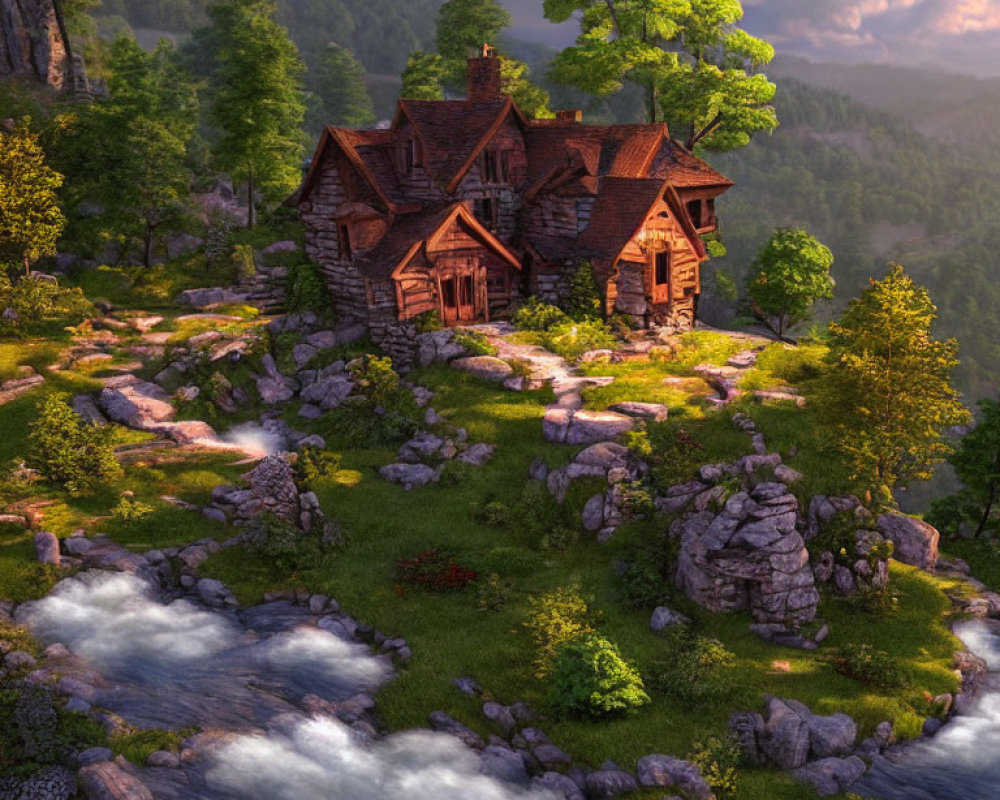 Scenic Cottage on Hilltop with Stream and Mountains at Sunset