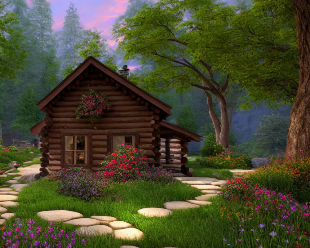 Rustic wooden cabin in lush greenery with colorful flowers