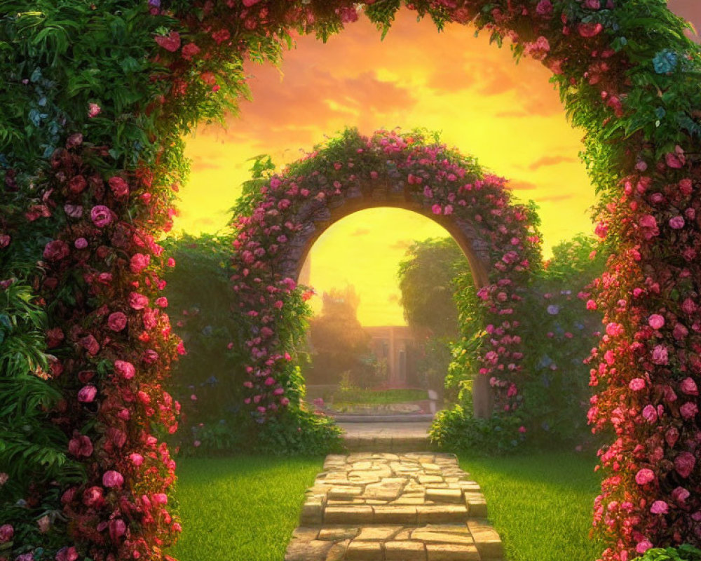 Pink rose garden archway with sunset view and lush greenery