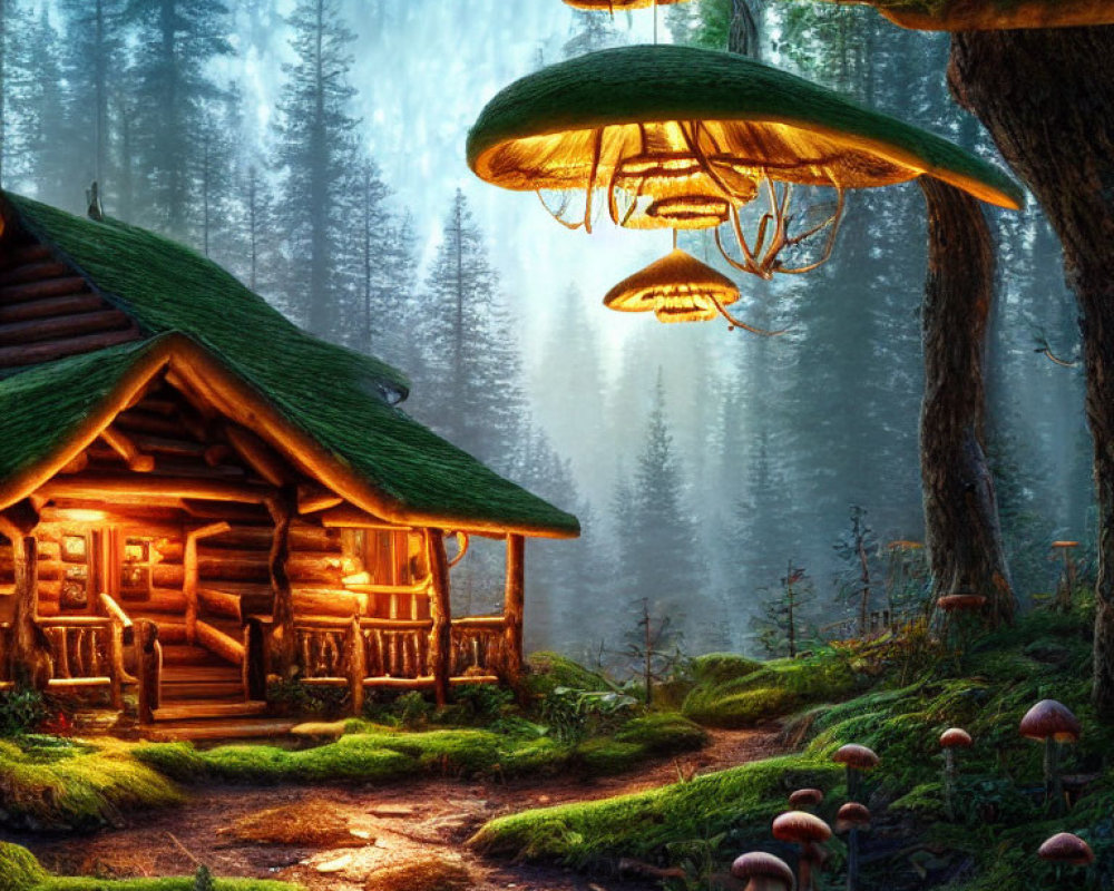 Enchanting forest dusk scene with cozy cabin, glowing mushrooms, and mushroom-shaped hot air balloon.