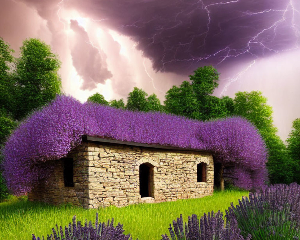 Stone cottage surrounded by purple wisteria under stormy sky