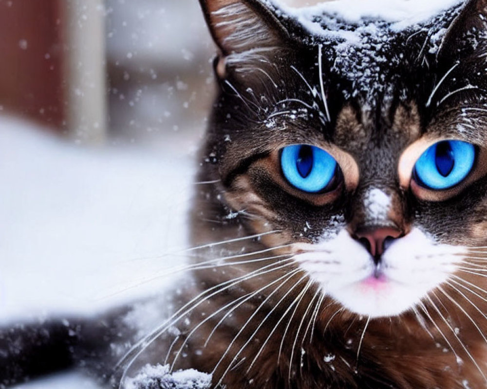 Brown Tabby Cat with Blue Eyes and Snowflakes in Snowy Scene