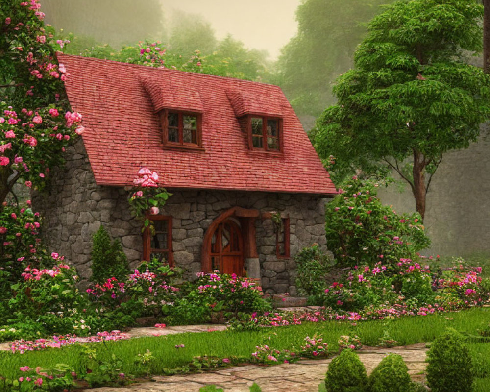 Quaint stone cottage with red roof in lush garden setting