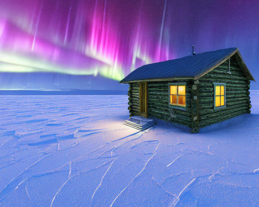 Snowy landscape: Cozy log cabin under aurora borealis