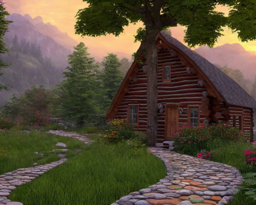 Rustic log cabin with stone pathway, surrounded by flowers, forest, and mountains at sunset