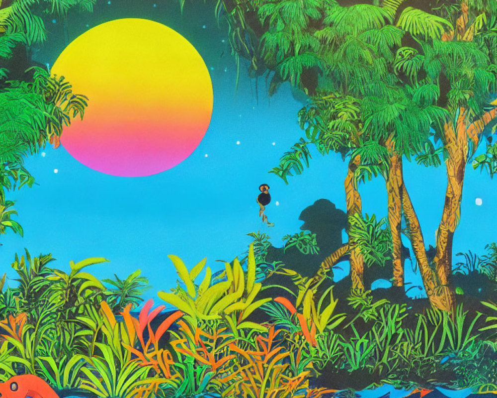 Colorful Tropical Landscape with Sunset, Foliage, Person, and Flamingo