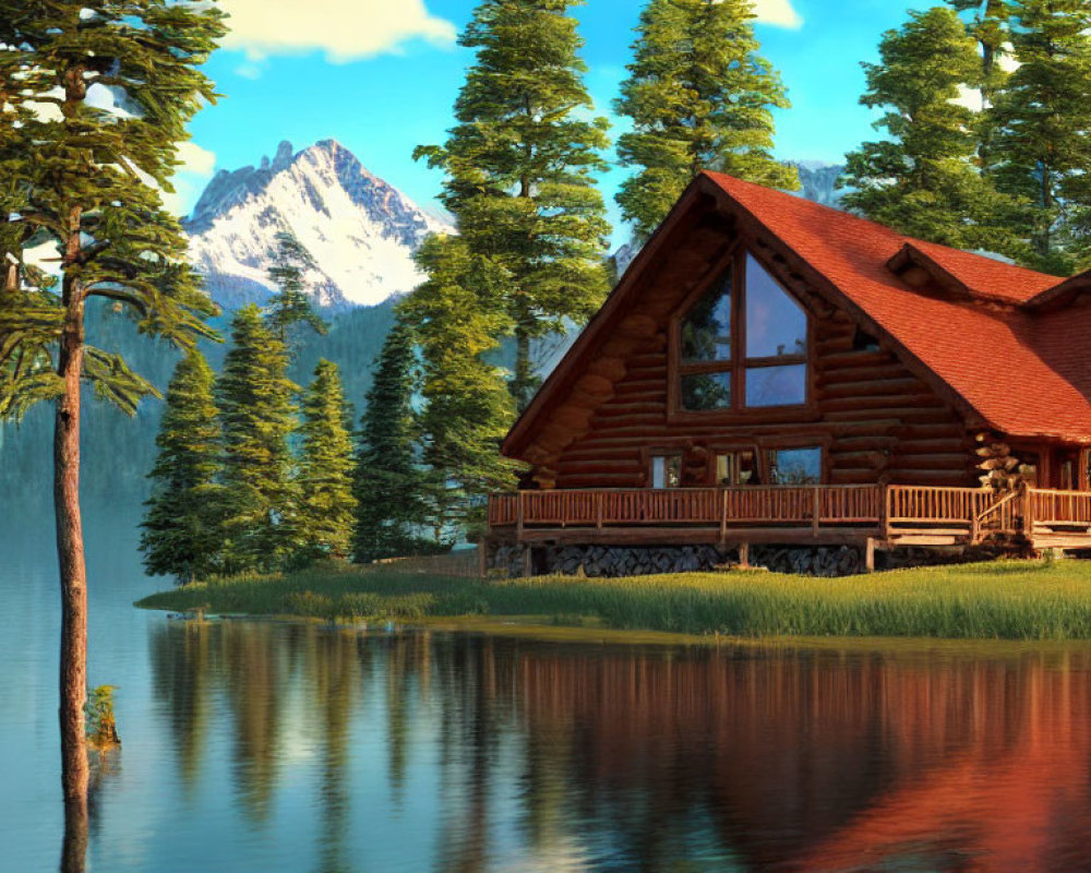 Rustic log cabin by serene lake with pine trees and snowy mountain