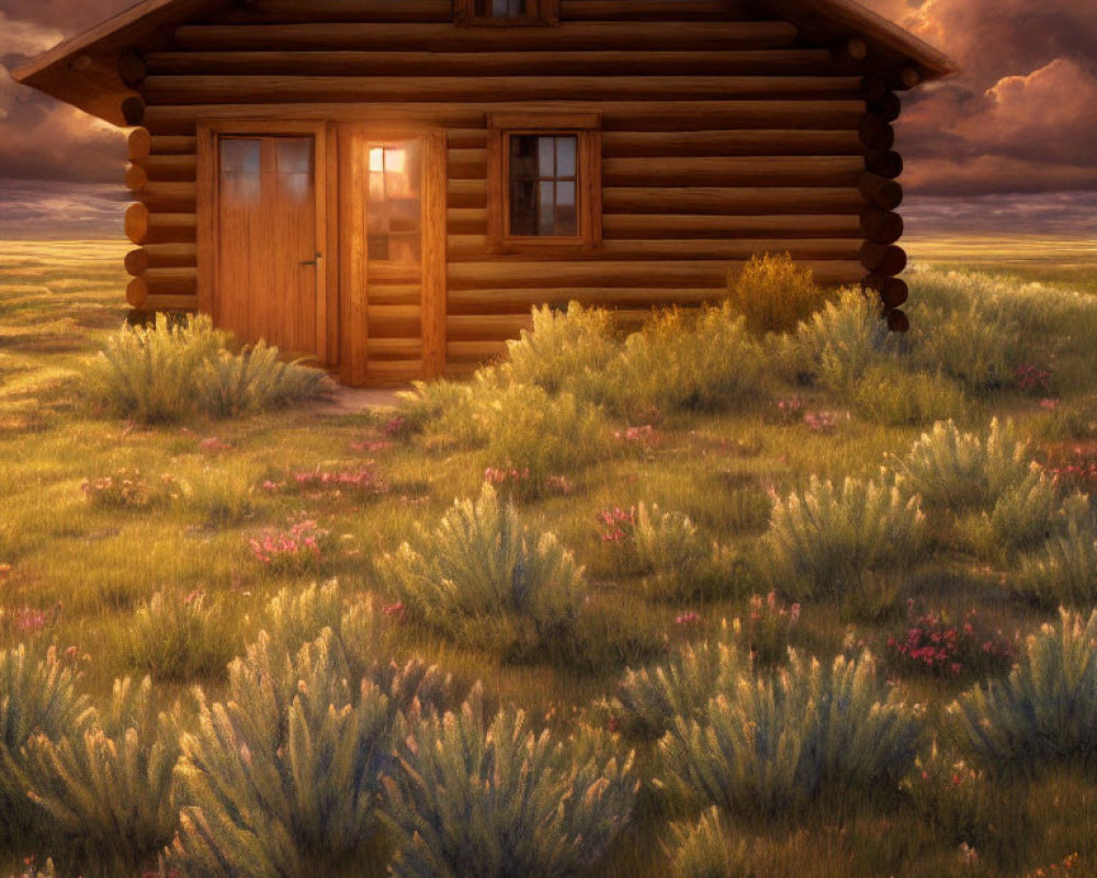 Serene Field with Rustic Log Cabin and Vibrant Flowers