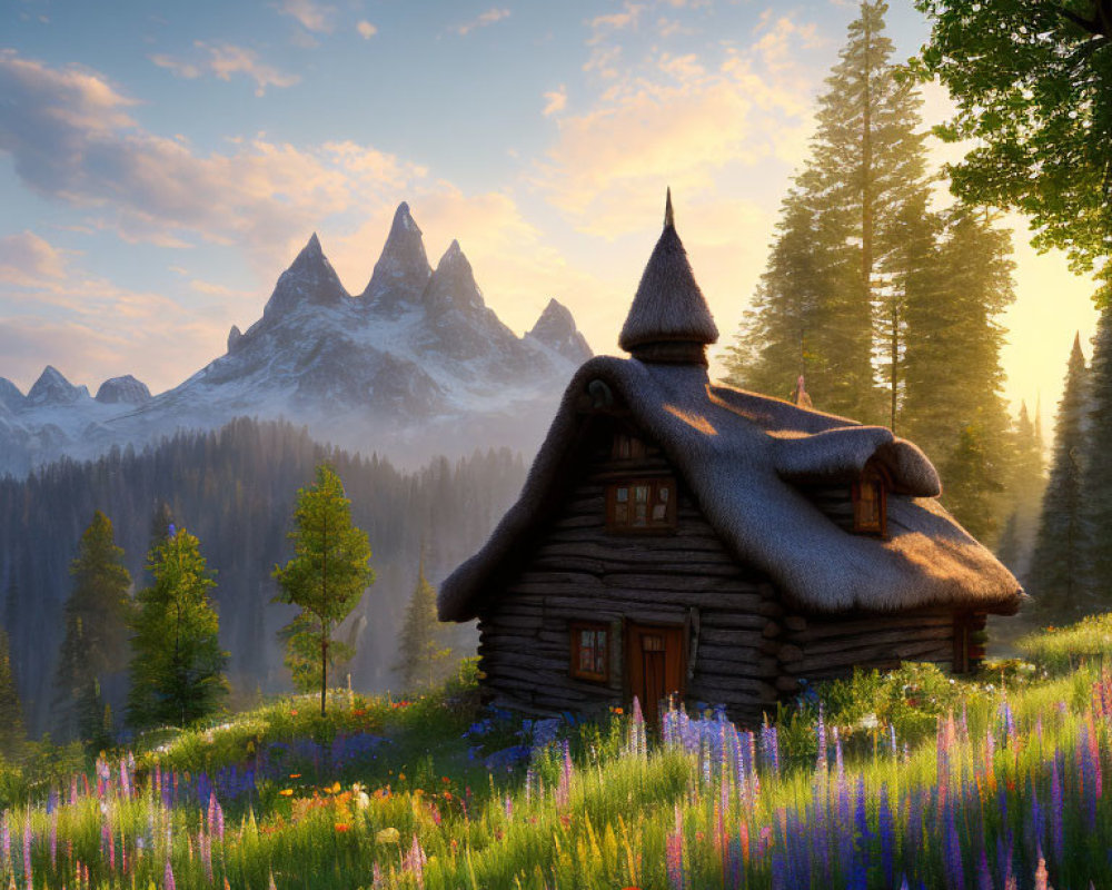 Thatched Roof Wooden Cottage in Meadow with Mountains