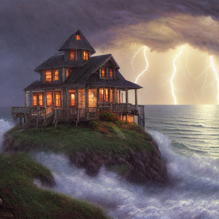 Seaside cliff wooden house struck by lightning