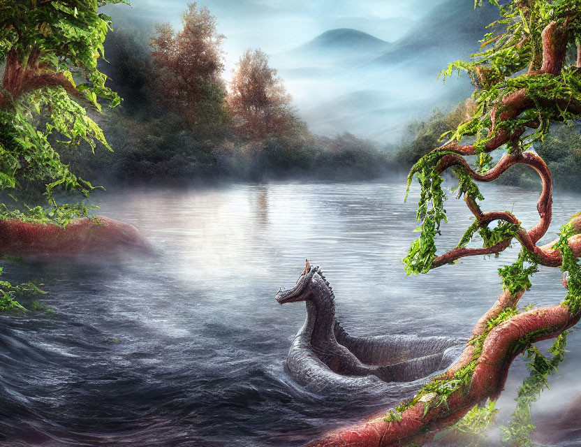 Mystical serpent-like creature in misty forest river