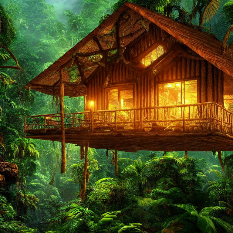 Rustic wooden treehouse in lush jungle setting at twilight