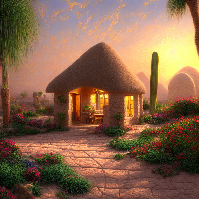 Thatched roof stone cottage in lush garden at sunset