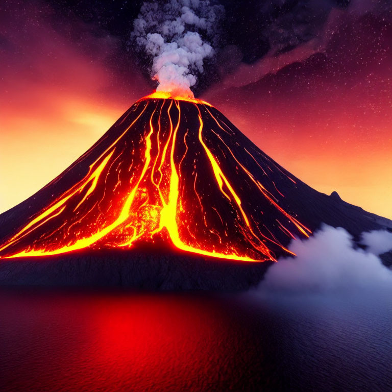 Nighttime volcanic eruption with glowing lava and starlit sky reflected in a lake