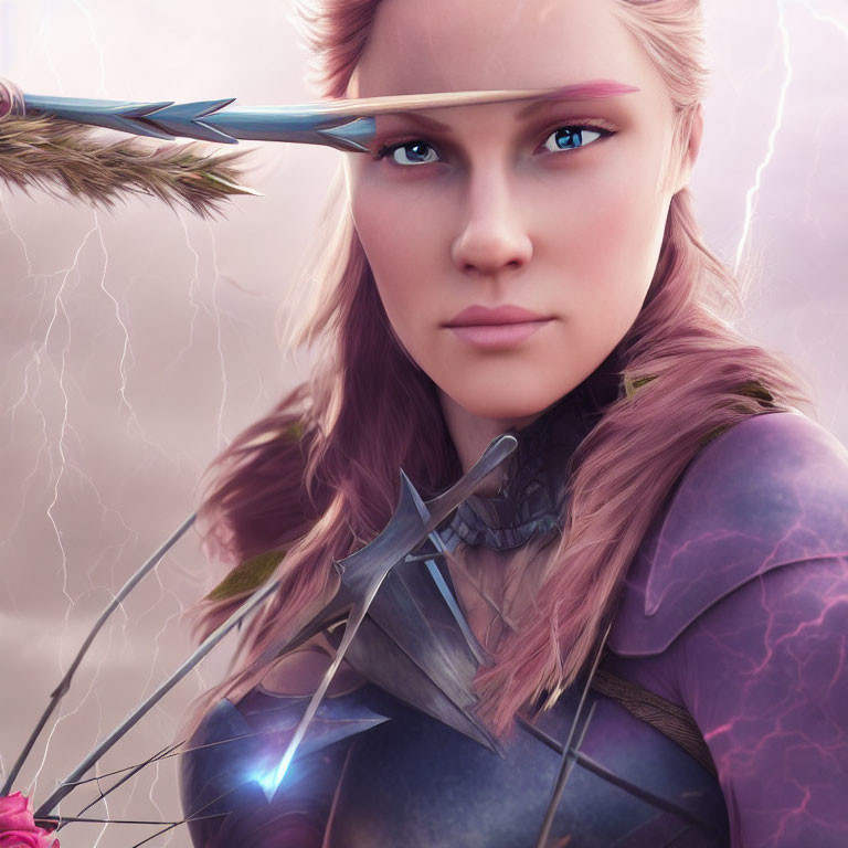 Female warrior digital art: pink-haired archer in purple armor with lightning backdrop